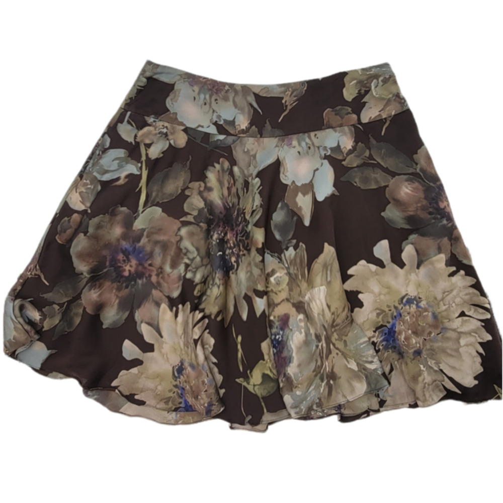 Lauren by Ralph Lauren 100% Silk Brown Cream & Blue Floral Skirt - Size 16